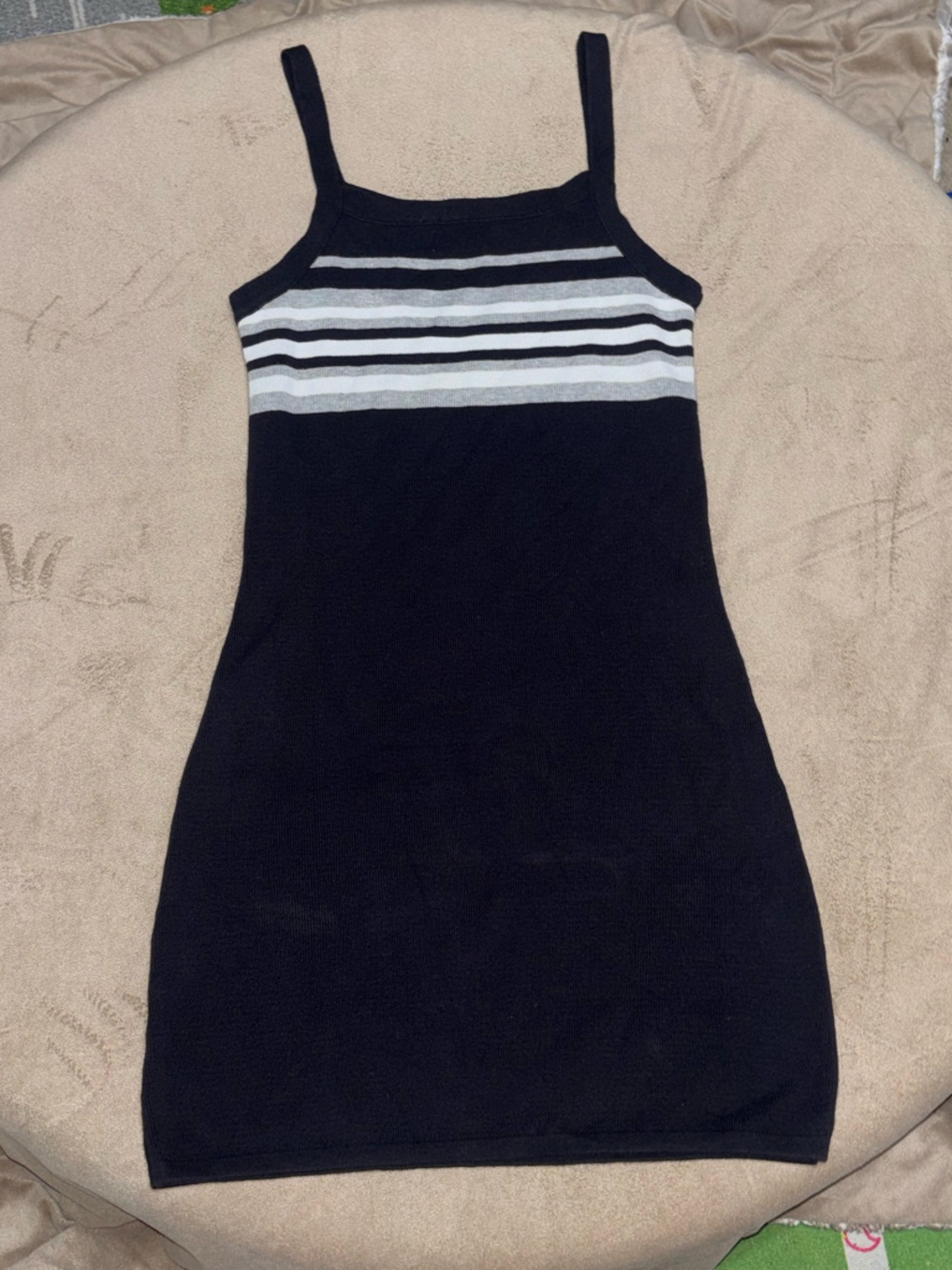 Vintage Express 100% Cotton Knit Mini Dress Black White Striped Bodycon Small